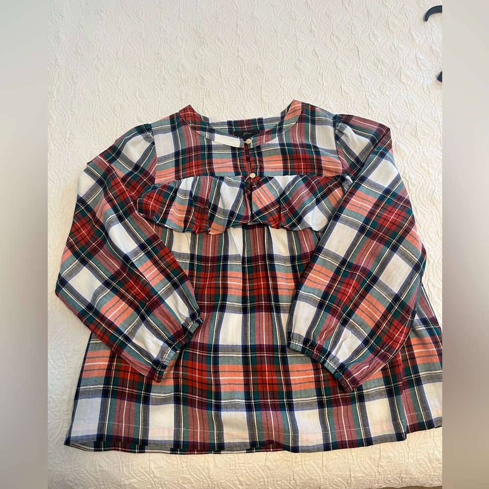 J Crew Plaid Blouse with Ruffle. Size - medium.